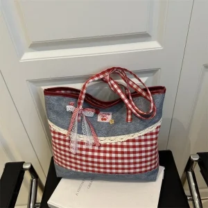 New Lattice Lace Bow Shoulder Bag Versatile Casual Handbag Large Capacity Tote Bag Women